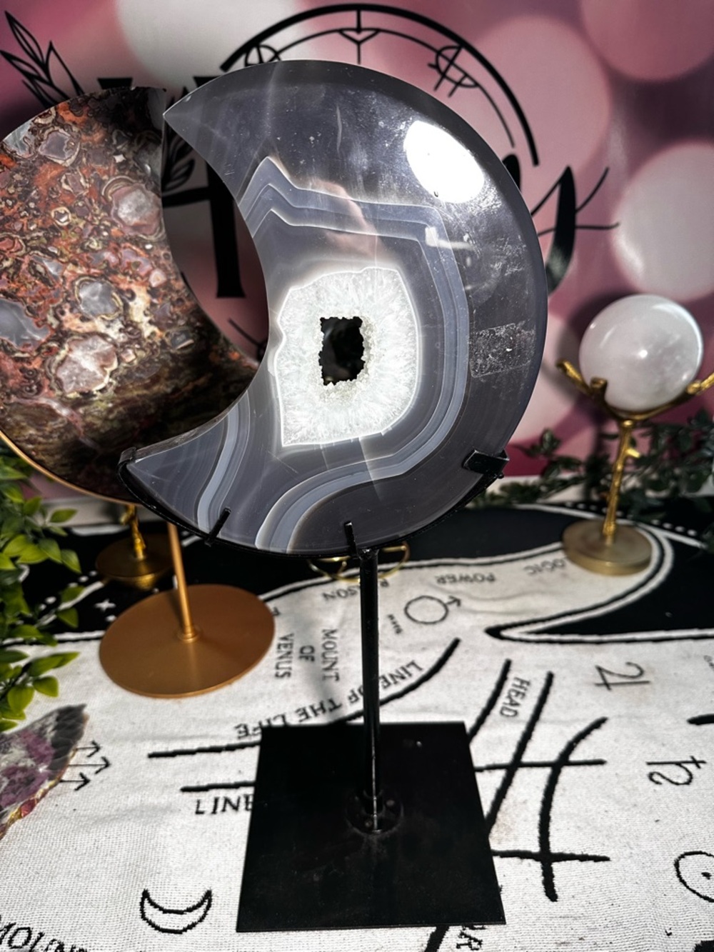 Crescent Moon Agate Geode with Stand
